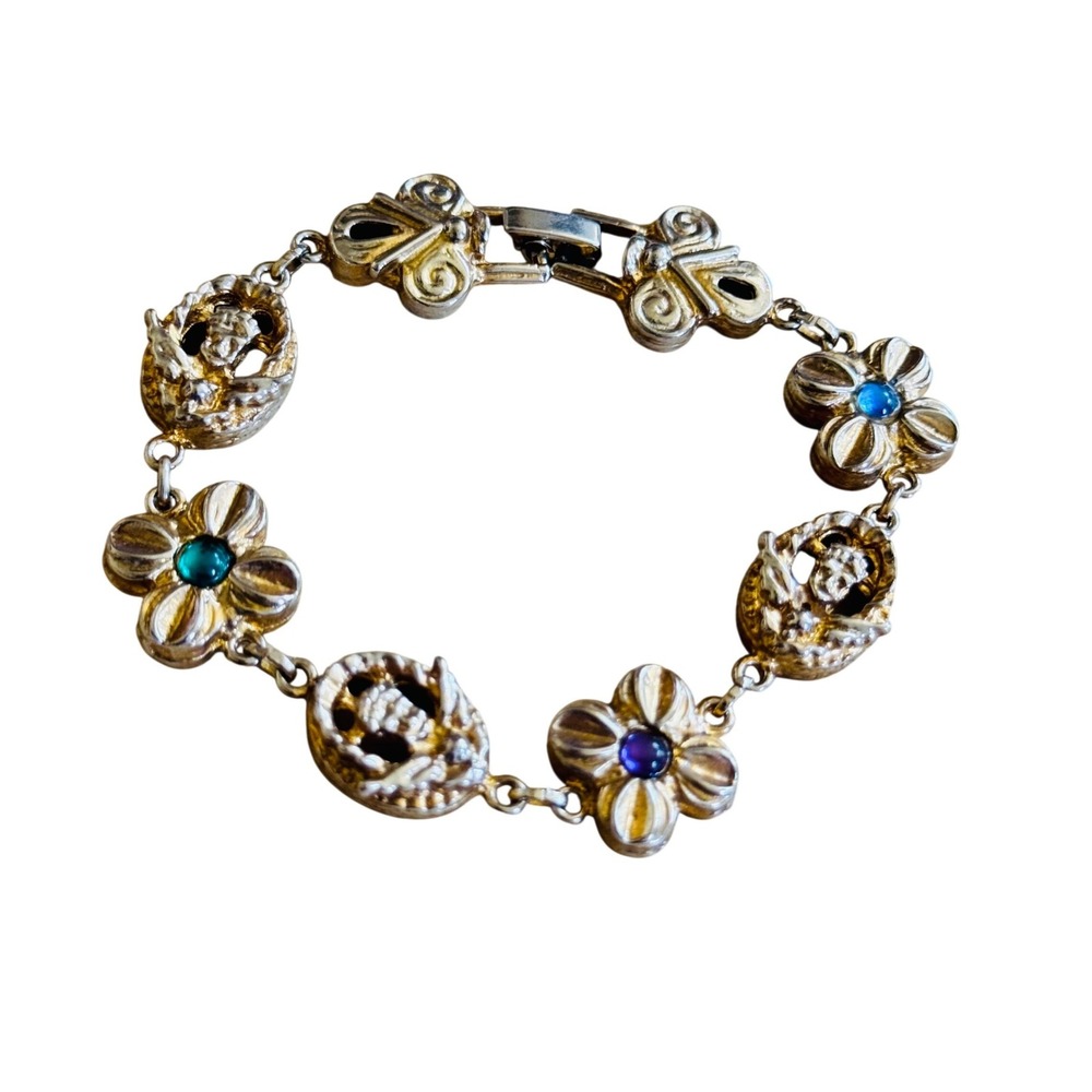 VTG Regal Victorian Style Link Bracelet Cherub Angel Glass Cabochon Regency 7"